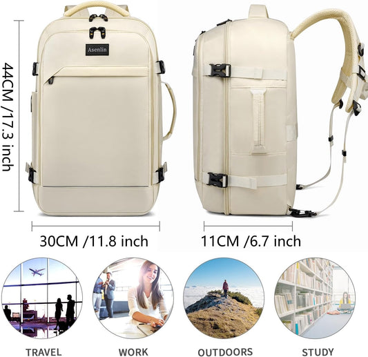 30L Travel Backpack for Women Men,Fit 15.6 Inch Laptop Backpack Flight Approved Luggage Carry on Water Resistant for Weekender Overnight Large Daypack Beige