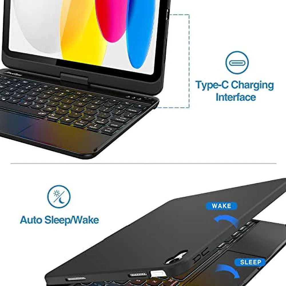 for Ipad 10Th Generation Keyboard Case with Multi-Touch Trackpad, 360 Degree Rotation 7 Color Backlit Touchpad Keyboard Case for 10Th Gen 10.9 Inch Ipad 2022 –Black