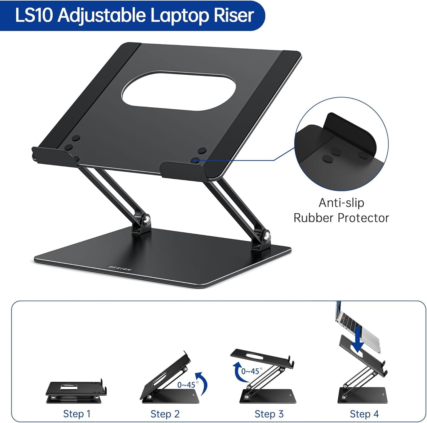 LS10 Aluminum Laptop Stand, Ergonomic Adjustable Notebook Tablet Stand, Computer Holder Compatible with Air, Pro, Dell, HP, Lenovo More 10-14" Laptops, Black